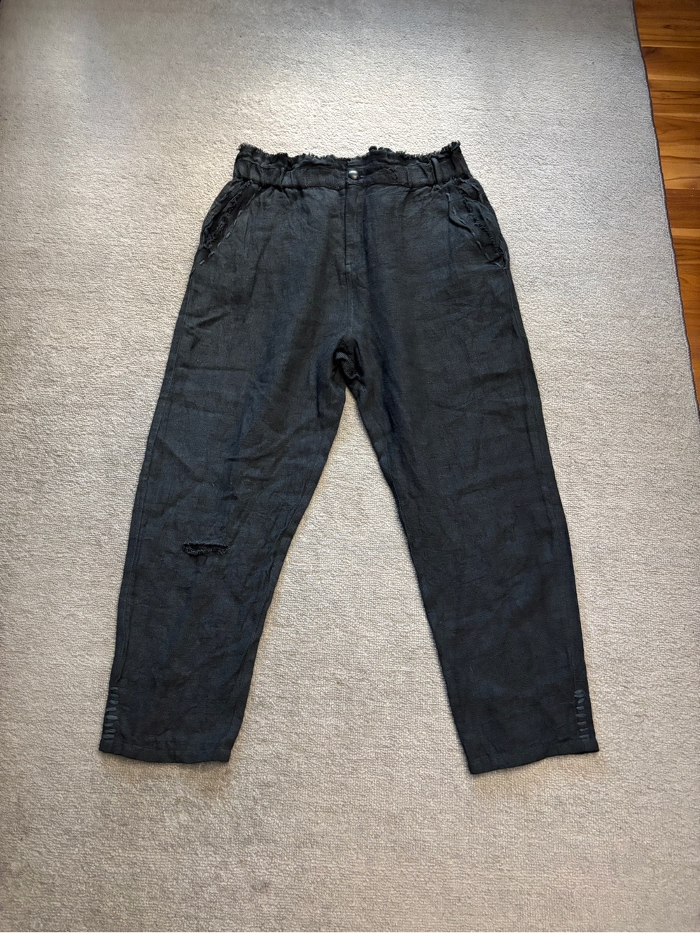 Boem Raw Linen Paper Bag Waist Cropped Pants Black